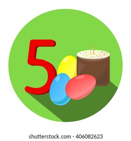 Easter. Cake with a candle, colorful eggs.Icons. Numeral 20. Vector illustration.