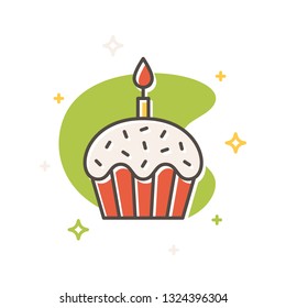Easter cake with candle concept in flat cartoon style. Filled outline icon design. Simple sign of Spring. Cute color symbol. Print, poster, banner, card design. Vector Illustration isolated on white