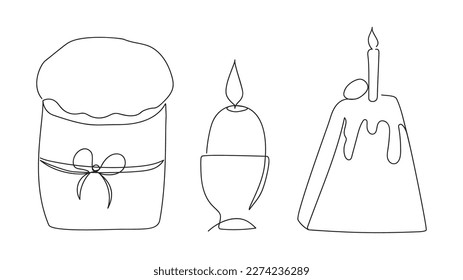 Easter cake, candle, cottage cheese cake. Continuous line, Easter symbols. Vector illustration.