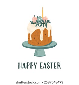 Easter cake with candle and decorated eggs. Happy Easter card design. Flat vector illustration isolated on white background.