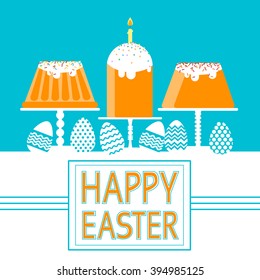 Pastel De Pascua Con Huevos Decorados Con Velas Fija Comida Tradicional Feliz Festividad Tarjeta De Saludo Vector Plano Ilustración
