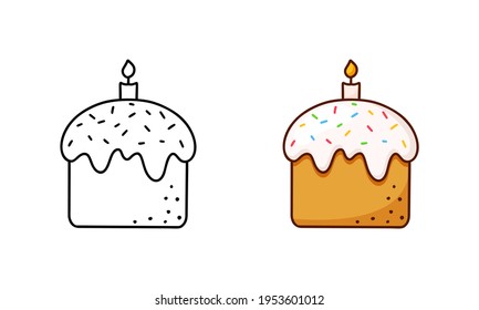 Easter cake with candle doodle icon. Linear and color version. Hand drawn simple illustration of traditional festive dessert. Contour isolated vector pictogram on white background