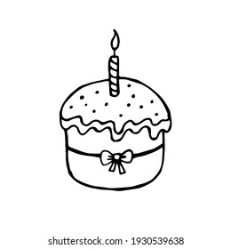 Easter cake with candle hand drawing doodle style sketch isolated on white background. Vector stock illustration. 