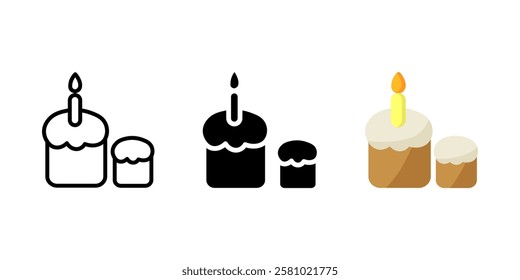 Easter cake with candle icon. Traditional holiday dessert sign. Festive sweet bread with icing symbol. Seasonal glazed pastry pictogram. Religious celebration illustration.