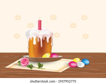 Easter cake with a candle on top in a plate, colored eggs and a delicate pink rose on a wooden table. Vector illustration. 
