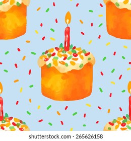 Easter cake with candle watercolor vector seamless pattern