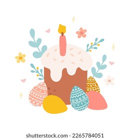 Easter cake with candles, colorful eggs, flowers and plants. Vector flat hand drawn illustration.