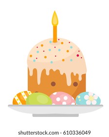 Easter cake with candles on a plate with eggs icon, flat style. Isolated on white background. Vector illustration, clip-art