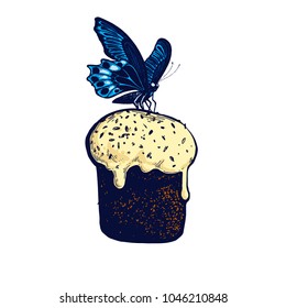 Easter cake card, hand drawn Isolated vector illustration. Cake and butterfly. Engraving