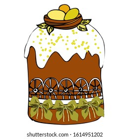 Easter cake. Easter card. White background with colorful eggs and a cake on the grass and flowers. Vector illustration Lettering, calligraphy.