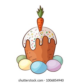 Easter cake with carrot and colored eggs isolated on white background