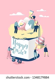 Easter Cake. Character Make Bread for Celebrate Christian Holiday. Decorate with Colorful Egg and Write Wish on the Side of Panettone. Paschal Food. Flat Cartoon Vector Illustration