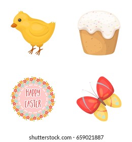 Easter cake, chicken, butterfly and greeting sign.Easter set collection icons in cartoon style vector symbol stock illustration web.
