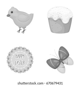 Easter cake, chicken, butterfly and greeting sign.Easter set collection icons in monochrome style vector symbol stock illustration web.