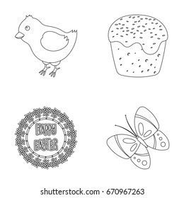 Easter cake, chicken, butterfly and greeting sign.Easter set collection icons in outline style vector symbol stock illustration web.
