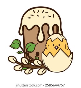 Easter cake with a chicken hatched from an egg. Easter Illustration for Card Design, Banner, Poster, Advertising Flyer