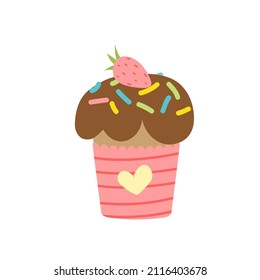 Osterkuchen mit Schokoladenglasur, Berieselung, Erdbeere. Muffin. Kuchen mit Herz. Osterbrot oder Paska. Flat, Cartoon. Einzige Vektorgrafik, EPS10 auf weißem Hintergrund
