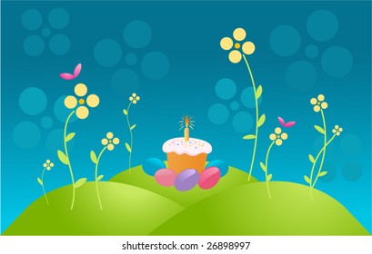 Easter cake and color eggs on spring background.
