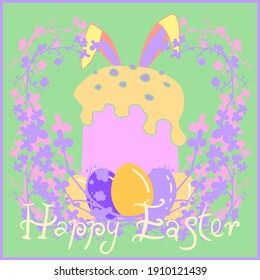 Easter cake with colored eggs. Bunny ears and flower wreath. Lettering. Square festive green, yellow, pink, lilac vector illustration.