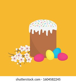 Easter cake, colored eggs and a cherry branch with flowers, isolated on a yellow background. Vector illustration