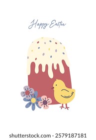 Easter cake colored eggs and chick. Easter card.