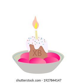 Easter cake, colored eggs in a cup. Happy Easter with cake and eggs. Illustration on a white background