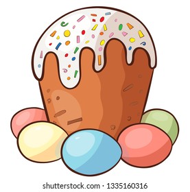 Easter cake with colored eggs isolated on white background, vector illustration of orthodox Easter bread