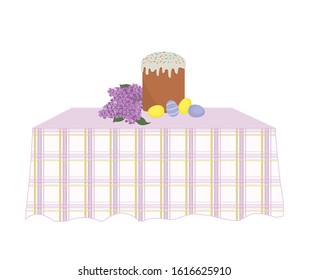 Easter cake, colored eggs and lilac flowers on a table with a checkered tablecloth. Greeting card template. Vector illustration on a white background