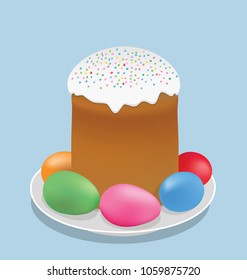 Easter cake with colored eggs on a plate. Vector illustration.        