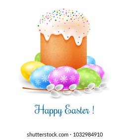 Easter cake, colored eggs and willow branch. Isolated on white background. Vector illustration.