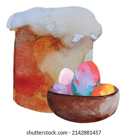 Easter cake and colorful Easter eggs in a basket in a watercolor technique, vector illustration