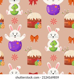 Easter cake with colorful eggs and easter bunny seamless pattern. Spring holiday. Happy easter eggs. Seasonal celebration.