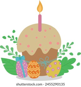 Easter cake with colorful eggs and a burning candle. Easter vector illustration of a cute Easter cake for digital printing, greeting card, sticker, badge, design.