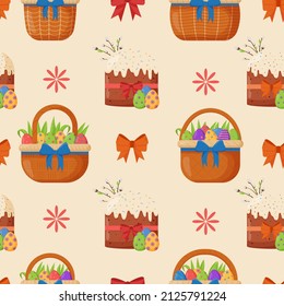 Pastel de Pascua con huevos coloridos y una canasta de mimbre sin fisuras. Vacaciones de primavera. Felices huevos de Pascua. Celebración estacional.