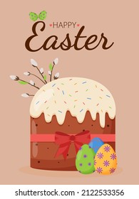 Easter cake with colorful eggs and willow. Easter concept. Happy Easter banners, greeting cards, posters, holiday covers.