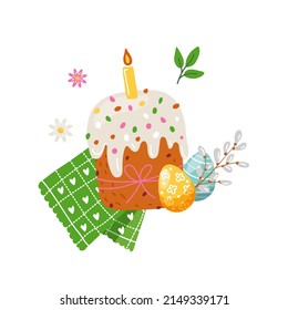 Easter cake with colorful eggs,kitchen towel and pussy willow.Traditional orthodox food isolated on white background with candle,spring elements.Vector flat illustration.Happy easter holiday design