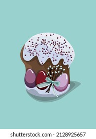 Easter cake with confectionery topping and decoration of eggs and willow branches.