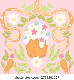 Pastel de Pascua con confeti en crema, flores y hojas verdes con una cinta bordeada de naranja sobre un fondo rosa. Ilustración de patrón de Vector. Plano, lindo estampado popular.