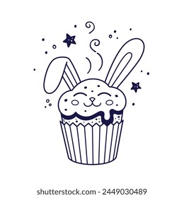 Easter cake with cream rabbit ear in cartoon style. Easter pastry with bunny ears. Doodle style. Hand drawn line art illustration isolated on white background. Kids Coloring book.