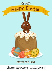 Easter cake cured with glaze and bright elements. Painted eggs with colorful patterns with chocolate bunny. Vector illustration