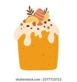 Easter cake decorated candied fruit and eggs. Sweet bakery vector illustration