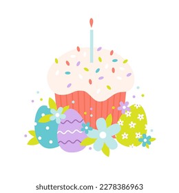 Easter cake with decorated eggs and flowers. Holiday card design. Colorful flat vector illustration.
