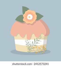 Pastel de Pascua con huevos y flores decorados. Diseño de tarjetas de vacaciones. Ilustración de vector plana colorida.