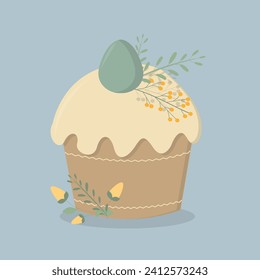 Easter cake with decorated eggs and flowers. Holiday card design. Colorful flat vector illustration.