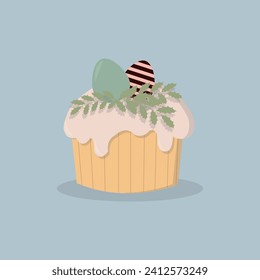 Easter cake with decorated eggs and flowers. Holiday card design. Colorful flat vector illustration.