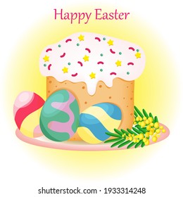 Easter cake with decorated eggs, postcard with text