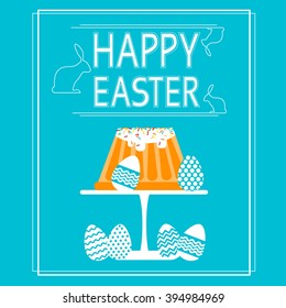 Easter Cake Decorated Eggs Set Traditional Food Happy Holiday Greeting Card Flat Vector Illustration