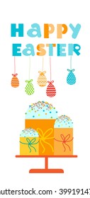 Easter Cake Decorated Eggs Set Traditional Food Happy Holiday Vertical Banner Flat Vector Illustration