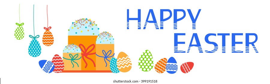 Easter Cake Decorated Eggs Set Traditional Food Happy Holiday Horizontal Banner Flat Vector Illustration