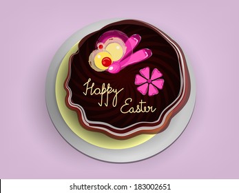 Easter cake with decorated with floral design on purple background. 